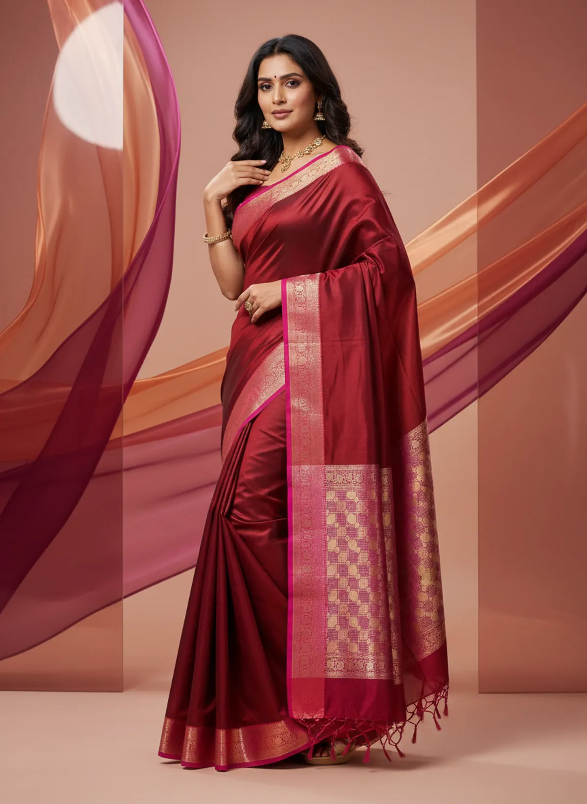 Maroon Banarasi Plain Border Silk Saree with Contrast Aachal